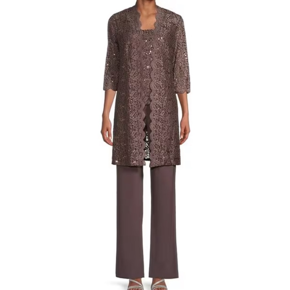 Scalloped Glitter Lace Duster Stretch 3-Piece Pant Set, color Fig